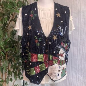 Vintage CHRISTMAS HOLIDAY Snowman themed size L vest sequins & beads sleeveless